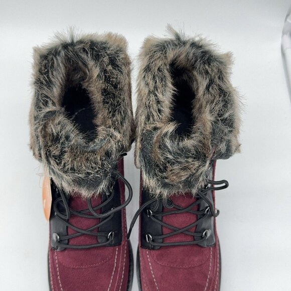 Sporto Holly Suede Boot Bootie Faux Fur Trim Burgundy Lace Up Block Heel 9 wide - Picture 7 of 12